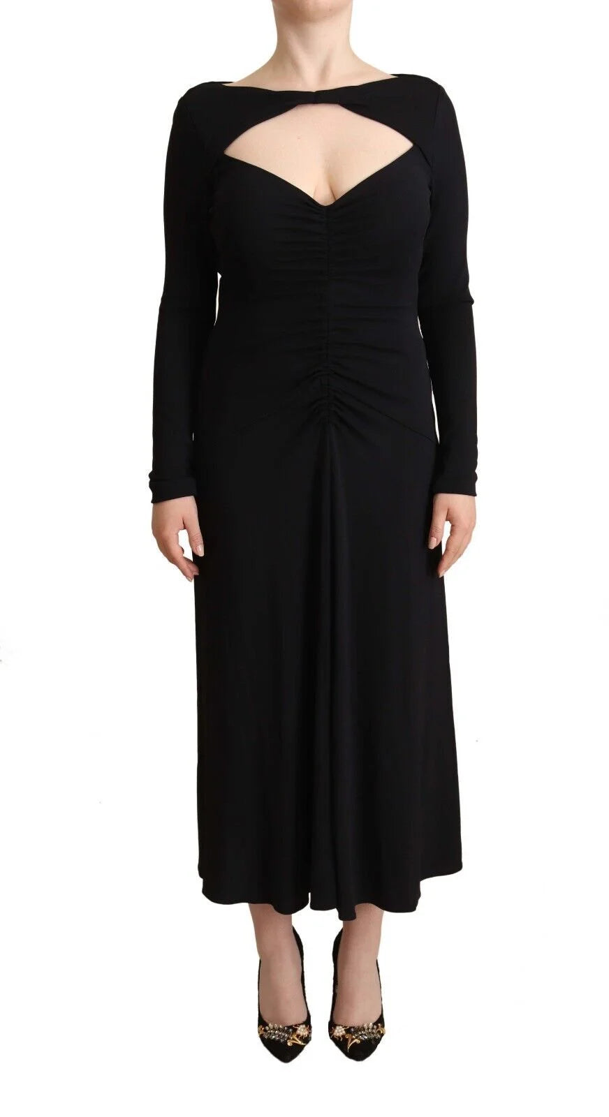 PINKO Black Nylon Stretch Long Sleeves Deep V-neck Maxi Dress - IT40|S - Dresses