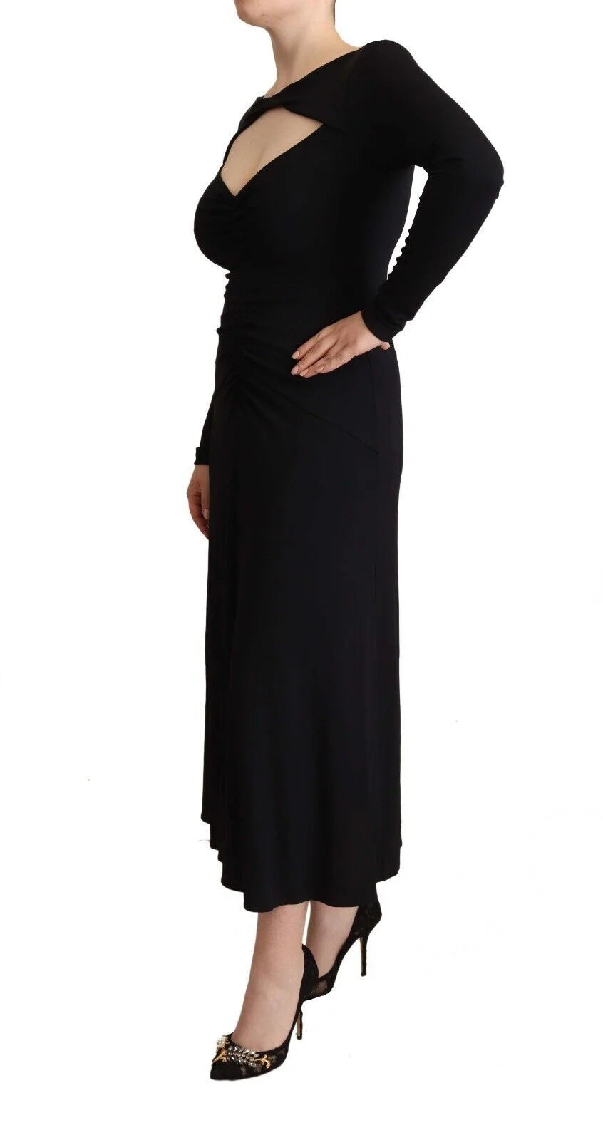 PINKO Black Nylon Stretch Long Sleeves Deep V-neck Maxi Dress - IT40|S - Dresses