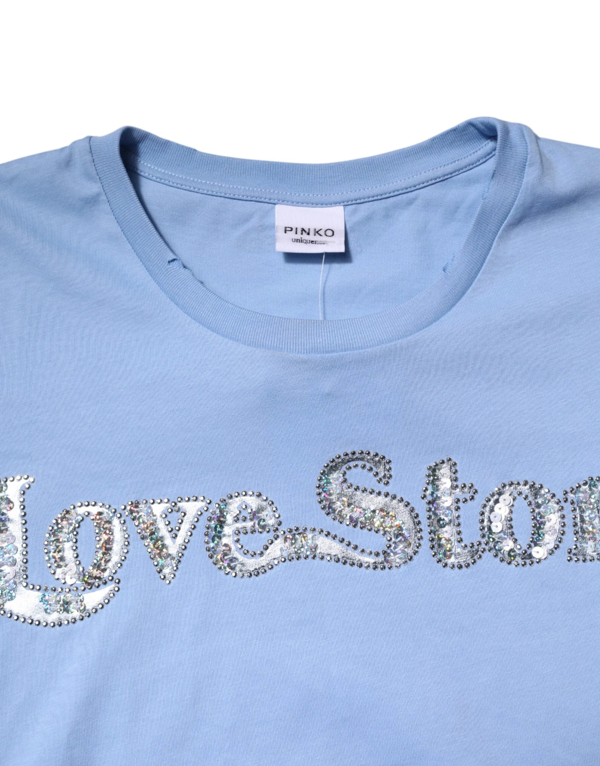 PINKO Blue Love Story Sequined Embellished Short Sleeves T-shirt - IT38 | XS - T-Shirts