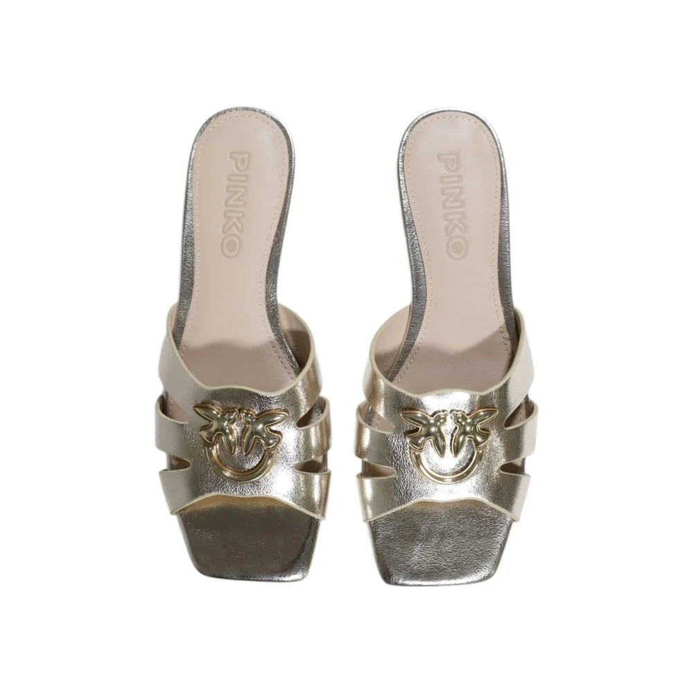 PINKO Gold Leather Flat Sandals - EU38/US8