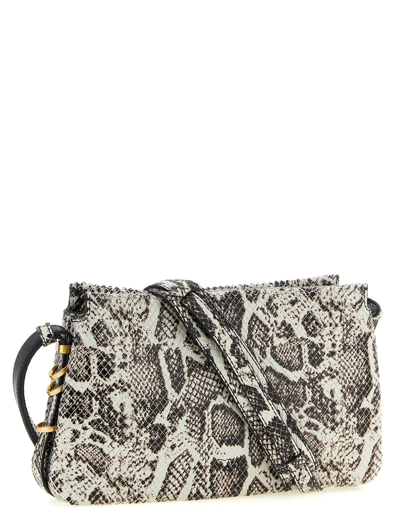 Side profile of the PINKO leather crossbody bag showing the slim gusset construction and polished hardware details.