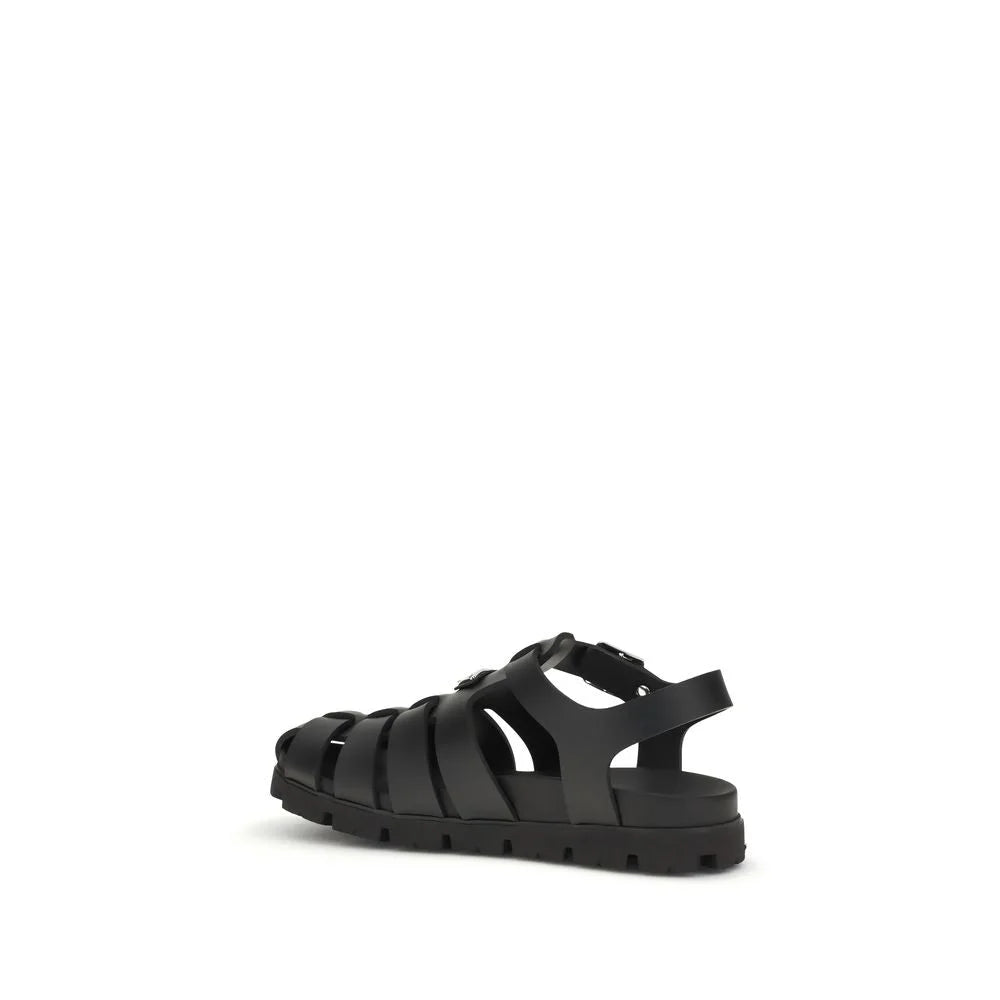 Prada Black Calf Leather Bos Taurus Flat Sandals