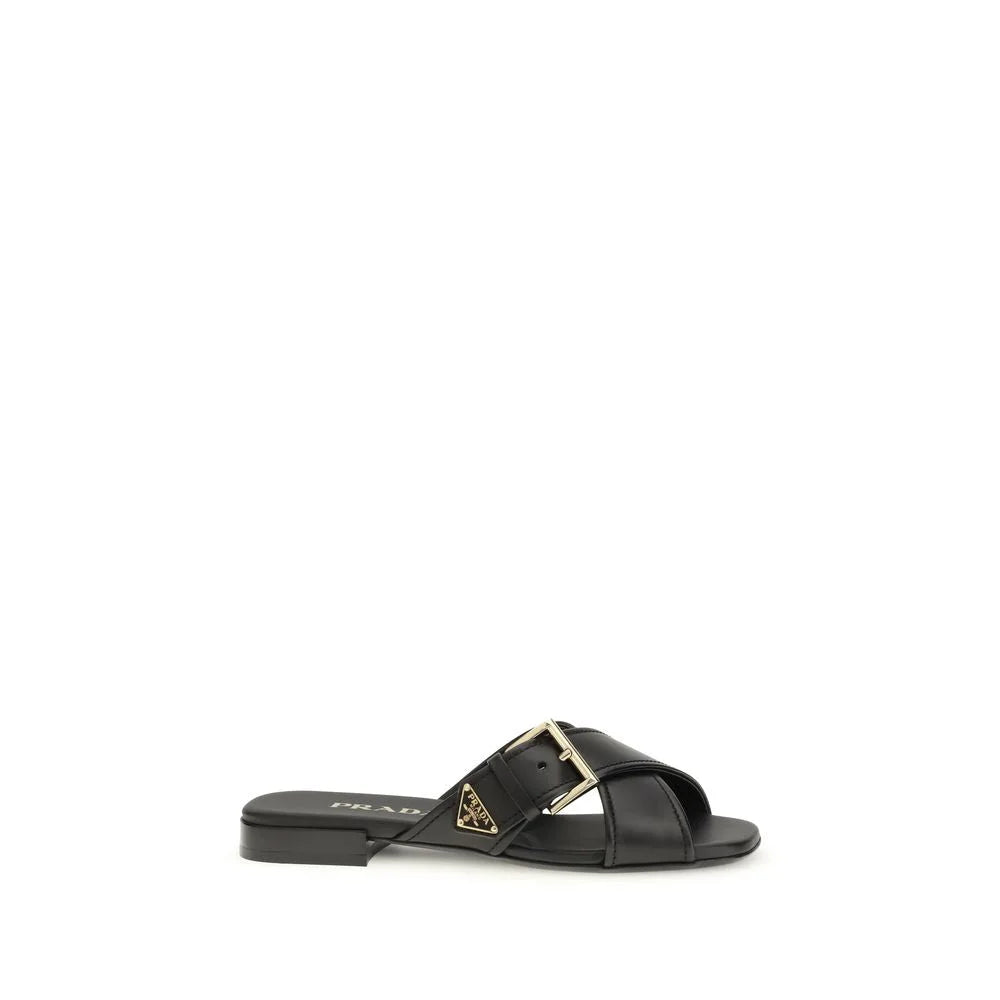 Prada Black Calf Leather Bos Taurus Flat Sandals - EU38/US8 - Sandals