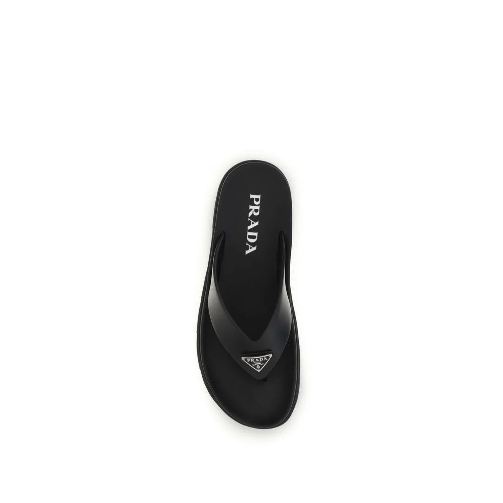 Prada Black Calf Leather Bos Taurus Flip-Flop Sandals - EU40/US7