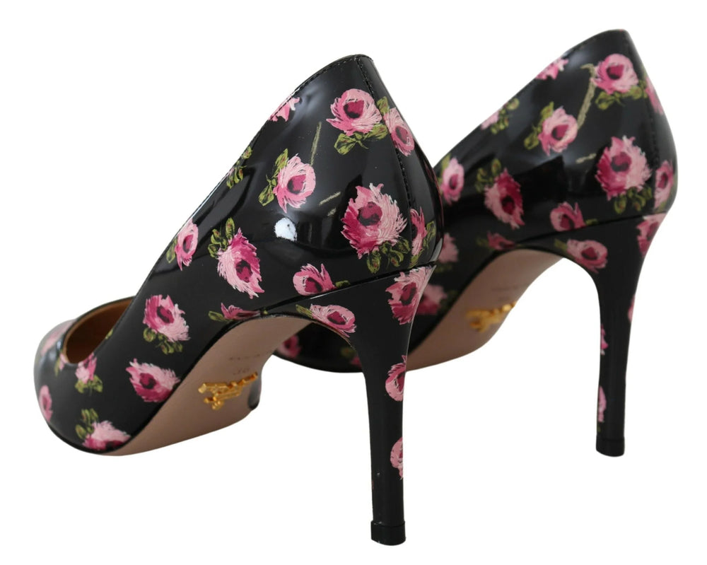 Prada Black Leather Floral Heels Stilettos Pumps - EU39.5/US9