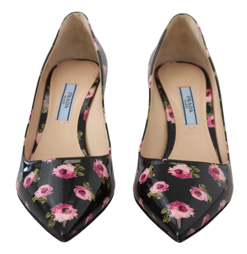 Prada Black Leather Floral Heels Stilettos Pumps - EU39.5/US9
