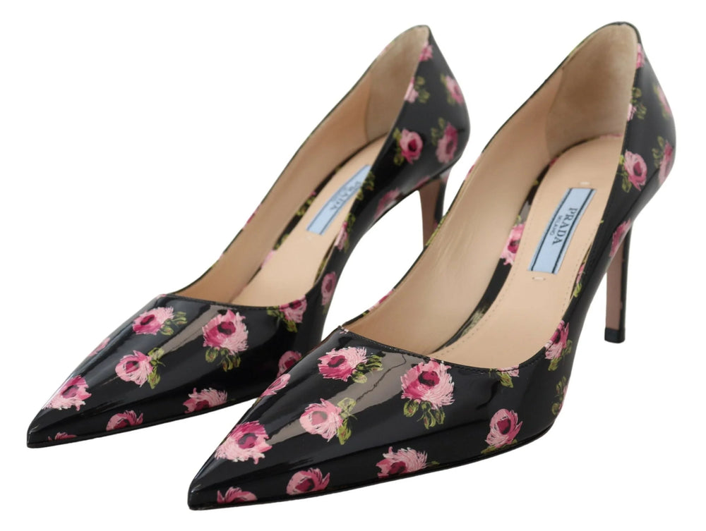 Prada Black Leather Floral Heels Stilettos Pumps - EU39.5/US9