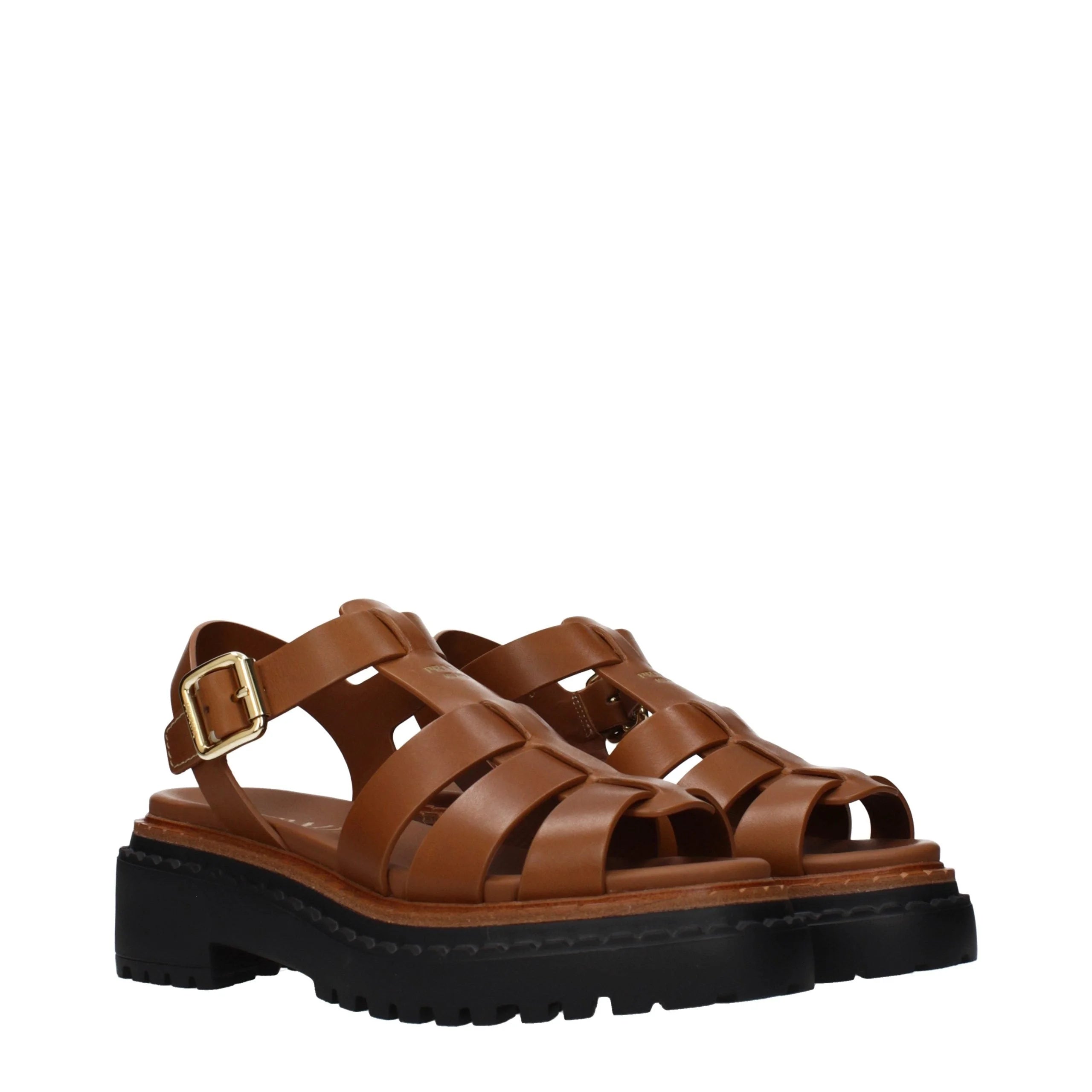 Sandales compensées en cuir marron Prada