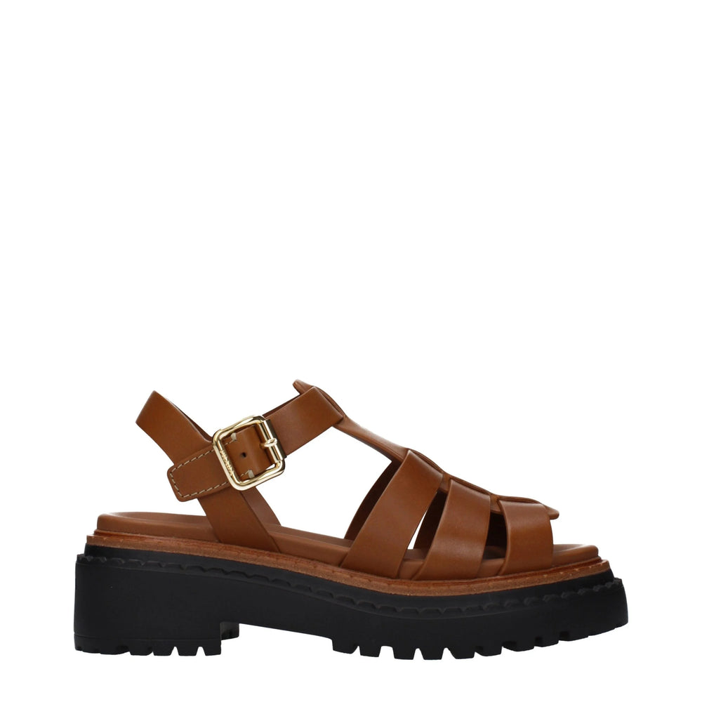 Sandales compensées en cuir marron Prada