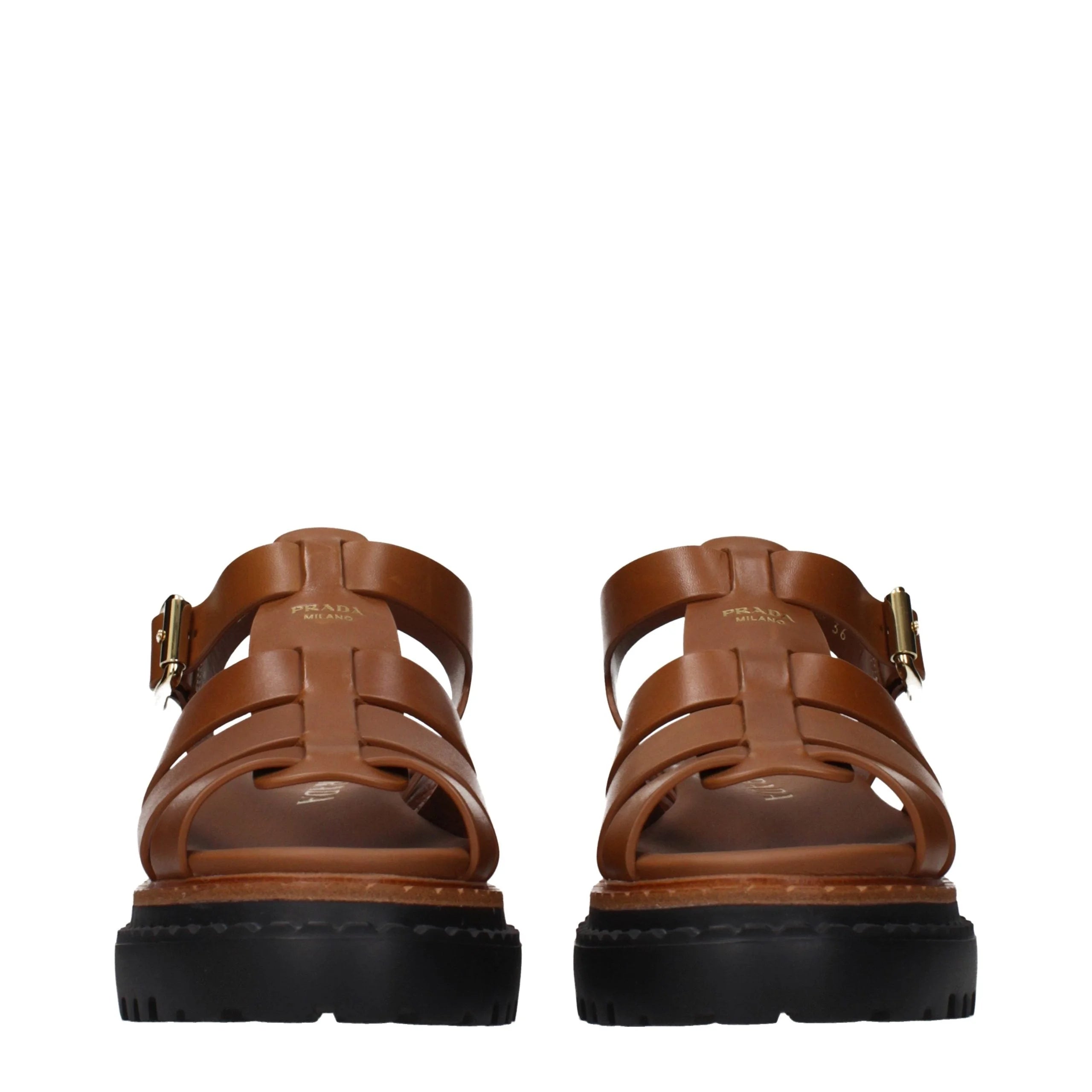 Sandales compensées en cuir marron Prada