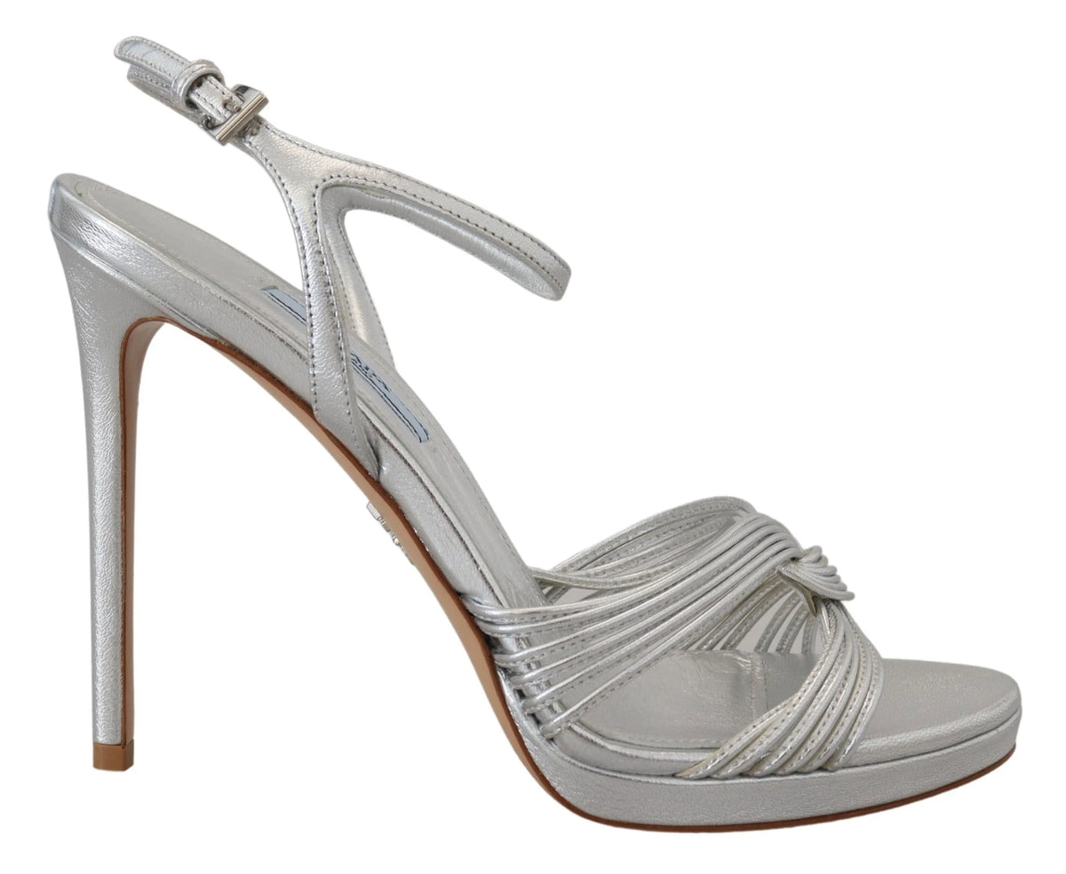 Prada Silver Leather Sandals Ankle Strap Heels Stiletto - Sandals
