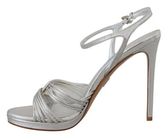 Prada Silver Leather Sandals Ankle Strap Heels Stiletto - Sandals
