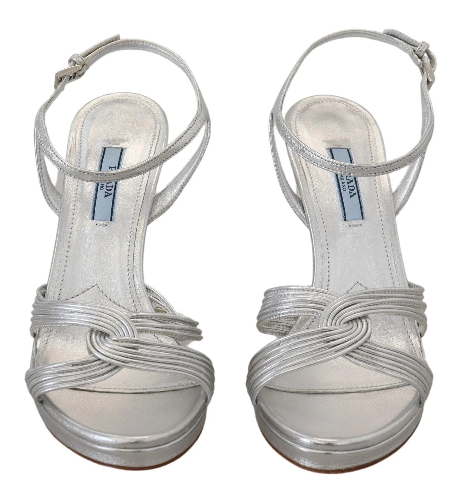 Prada Silver Leather Sandals Ankle Strap Heels Stiletto - Sandals