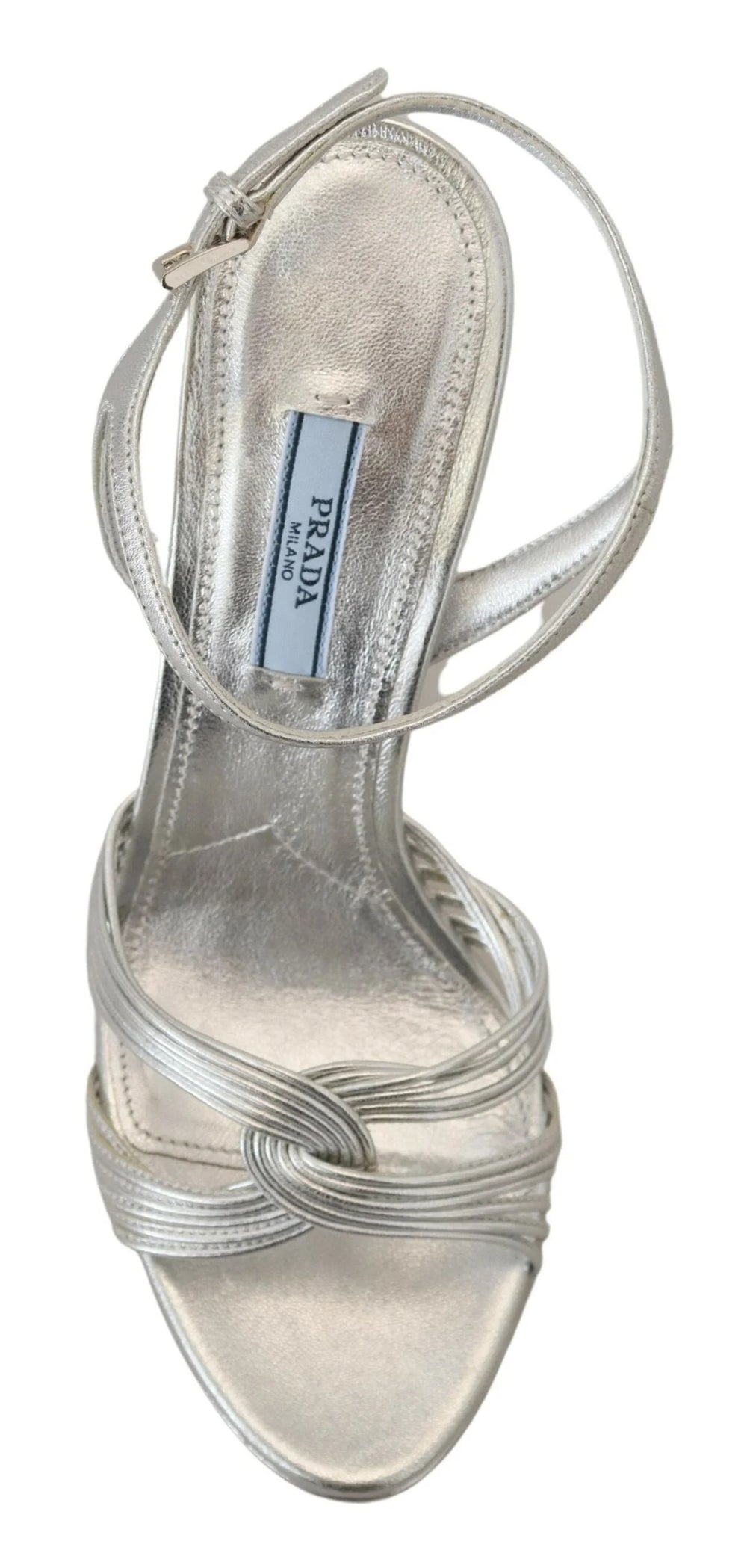Prada Silver Leather Sandals Ankle Strap Heels Stiletto - EU41/US10.5