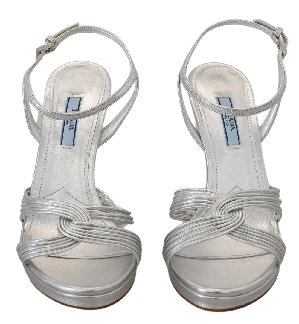 Prada Silver Leather Sandals Ankle Strap Heels Stiletto - EU41/US10.5