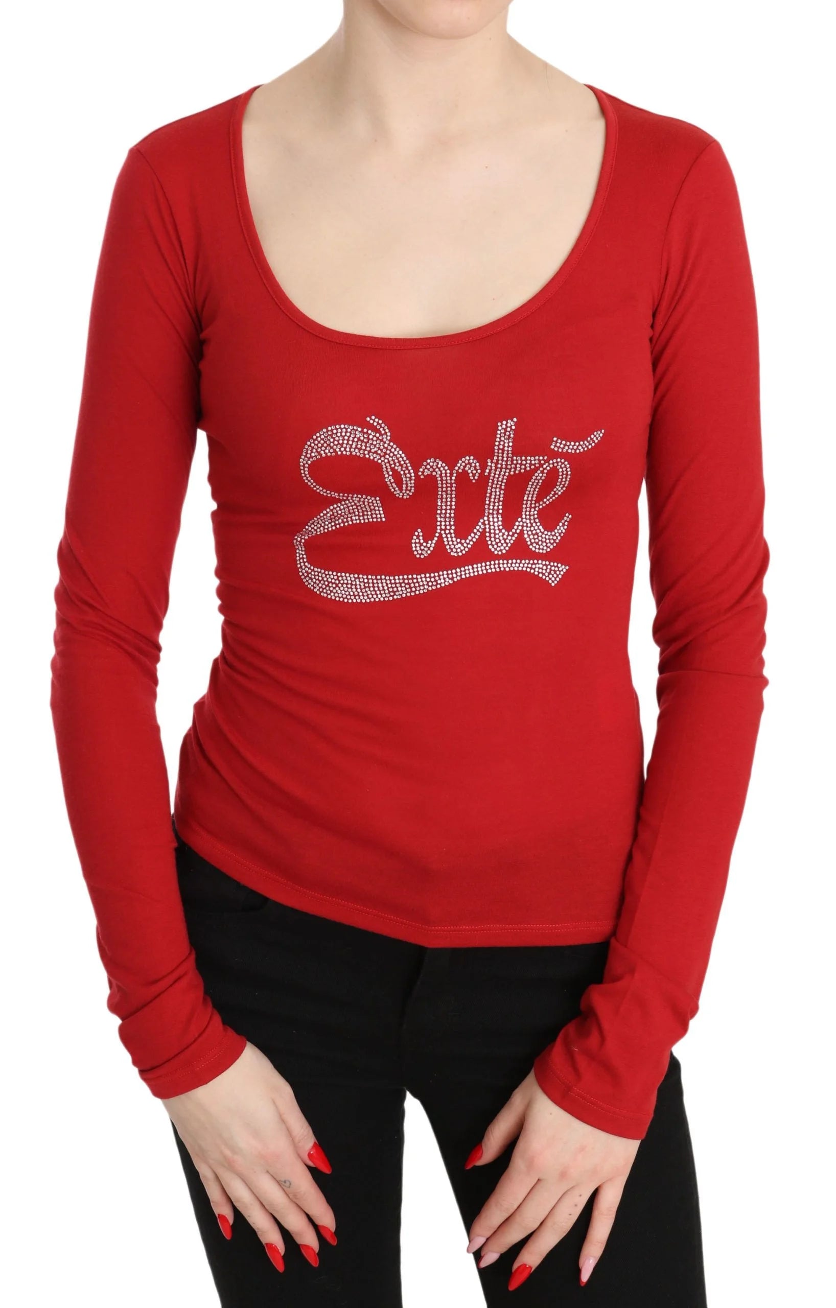 Red Exte Crystal Embellished Long Sleeve Top Blouse - Blouses