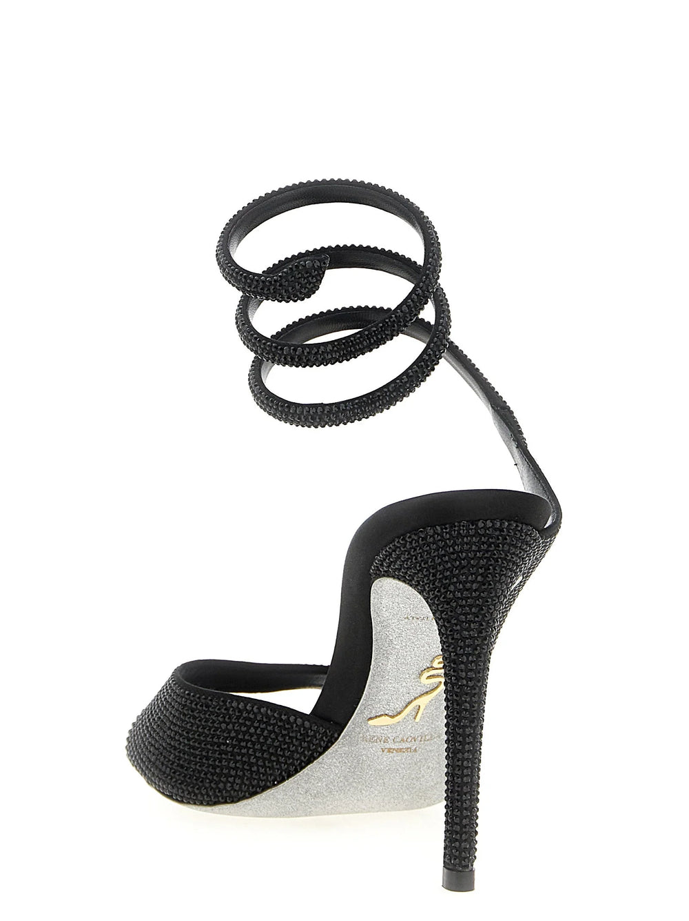RENE CAOVILLA Black Satin Stiletto Heel Sandals