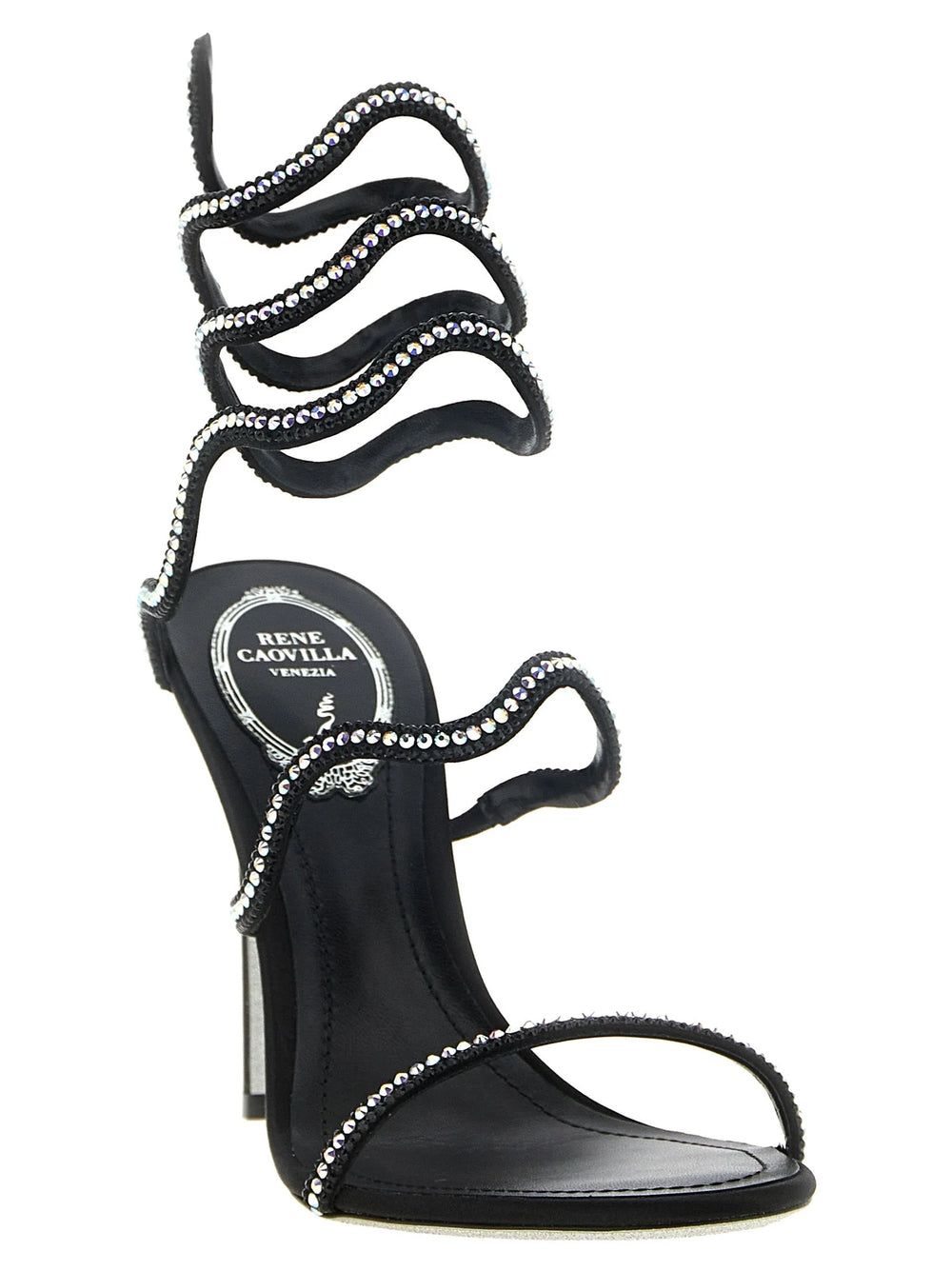 RENE CAOVILLA Black Satin Stiletto Heel Sandals