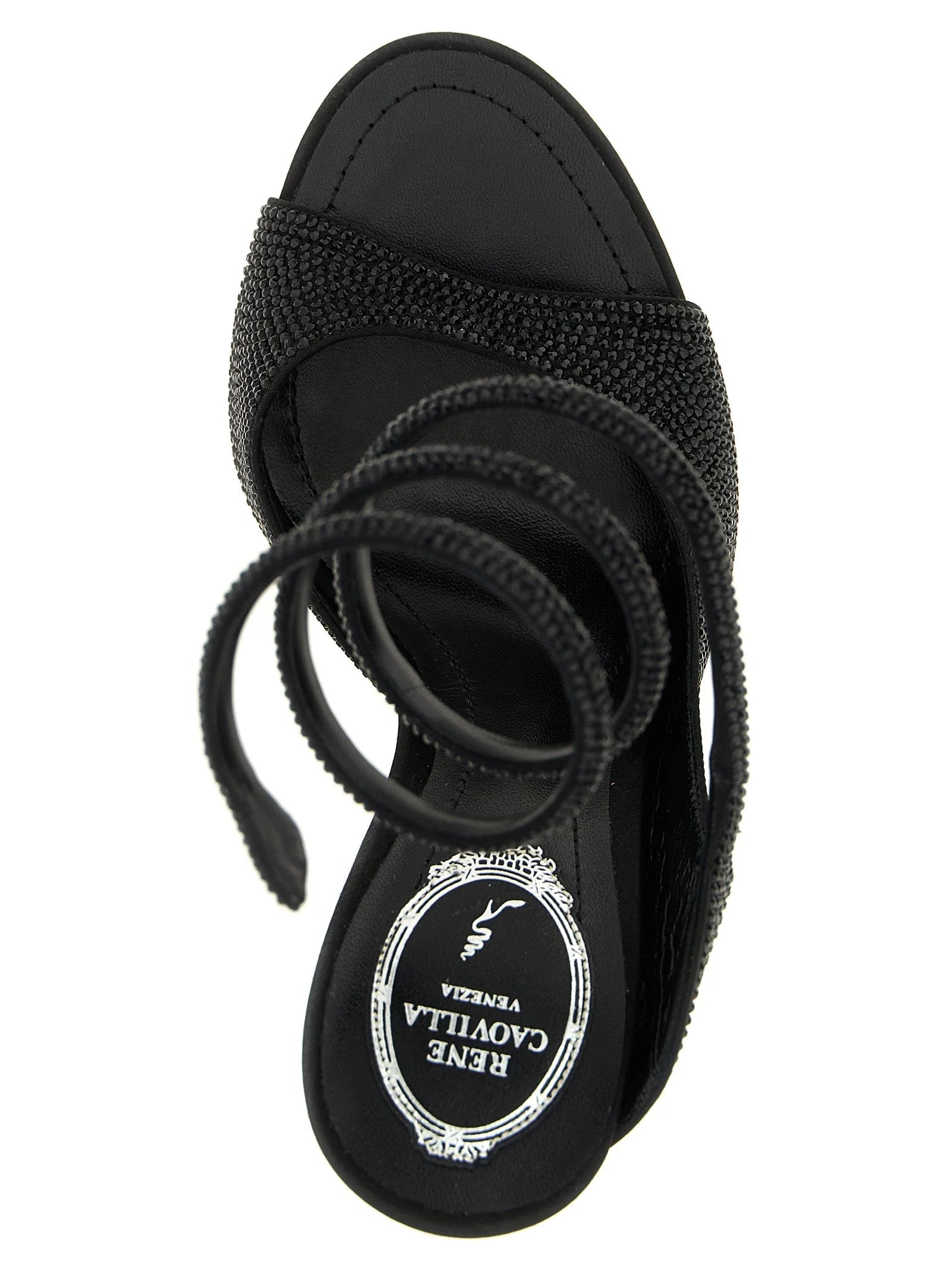 RENE CAOVILLA Black Satin Stiletto Heel Sandals