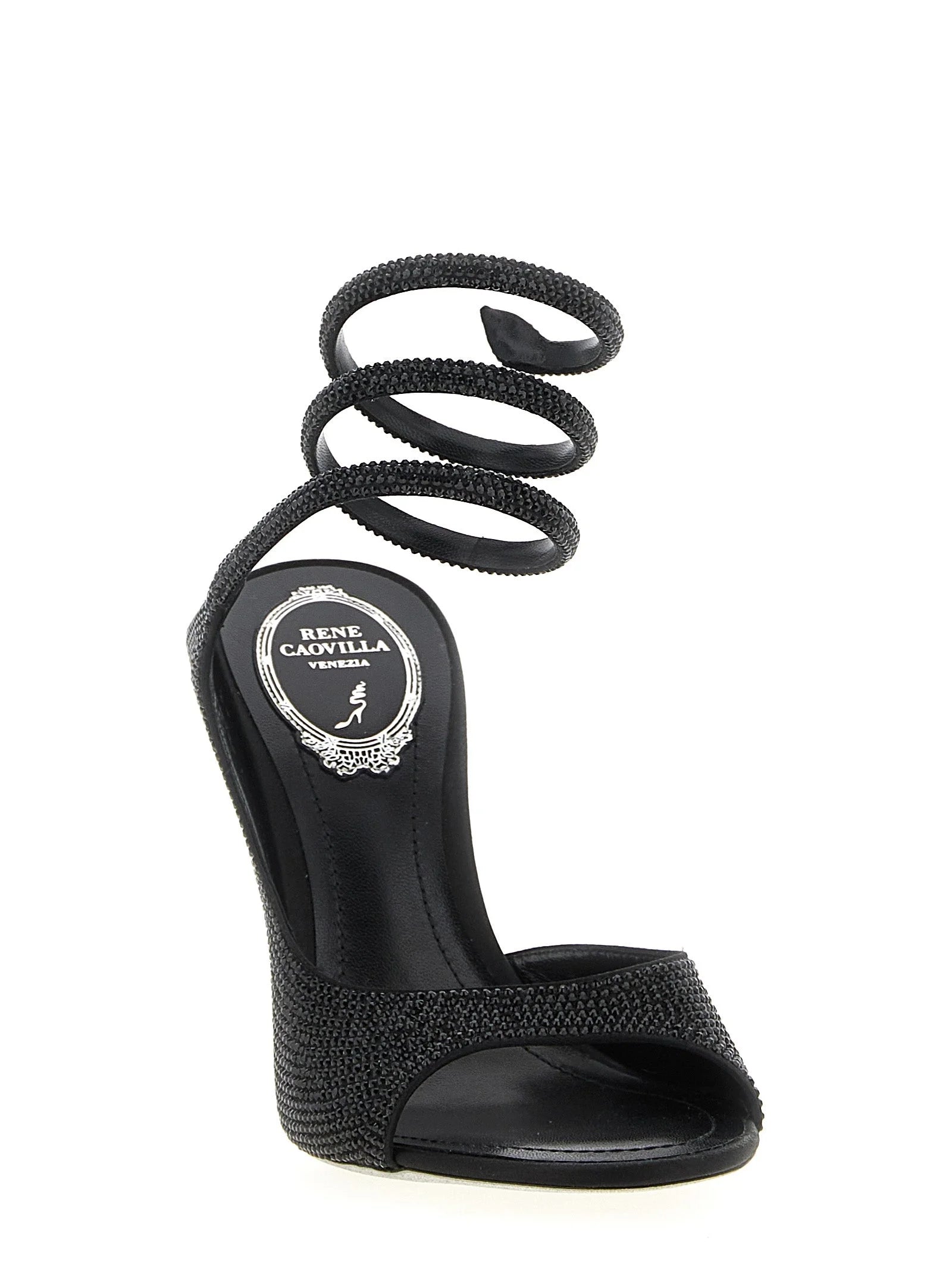 RENE CAOVILLA Black Satin Stiletto Heel Sandals