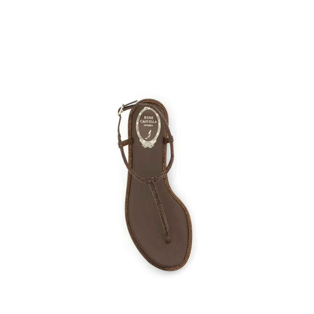 RENE CAOVILLA Brown Satin Flat Sandals - EU36/US6