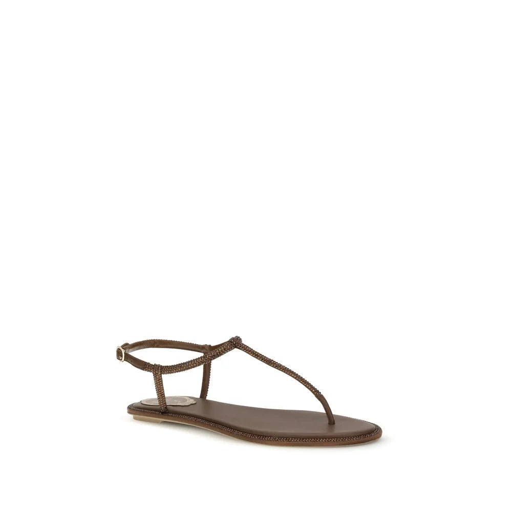 RENE CAOVILLA Brown Satin Flat Sandals - EU36/US6