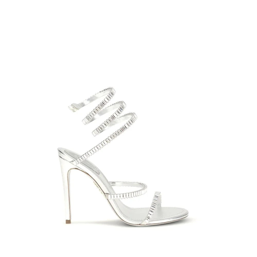 RENE CAOVILLA Silver Calf Leather Bos Taurus Stiletto Heel Sandals