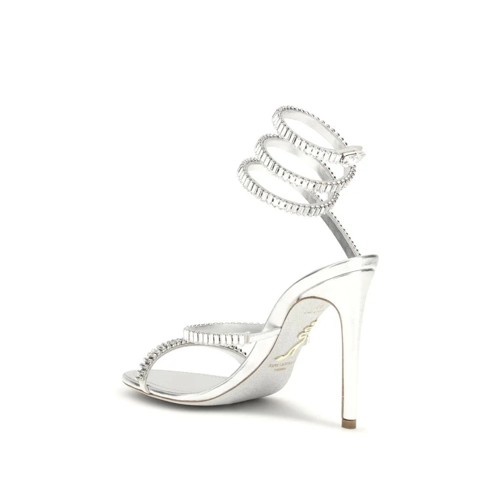 RENE CAOVILLA Silver Calf Leather Bos Taurus Stiletto Heel Sandals