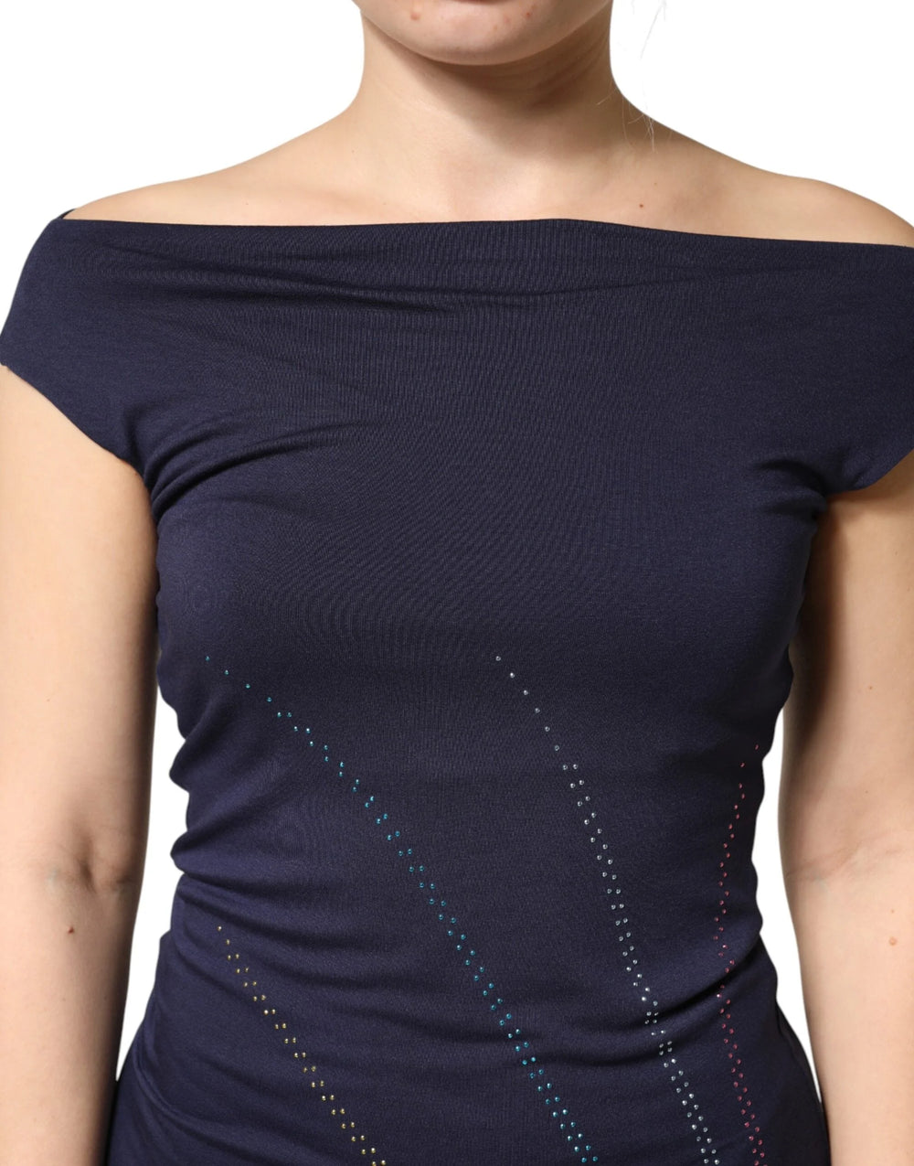 Roccobarocco Blue Viscose Embellished Off Shoulder Mini Dress - IT42|M