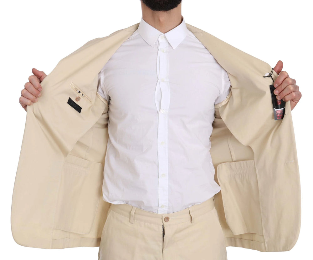 Romeo Gigli Two Piece 3 Button Beige Cotton Solid Suit - IT46 | S - Suits