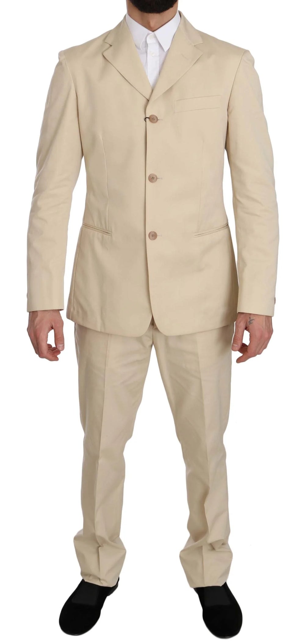 Romeo Gigli Two Piece 3 Button Beige Cotton Solid Suit - IT46 | S - Suits
