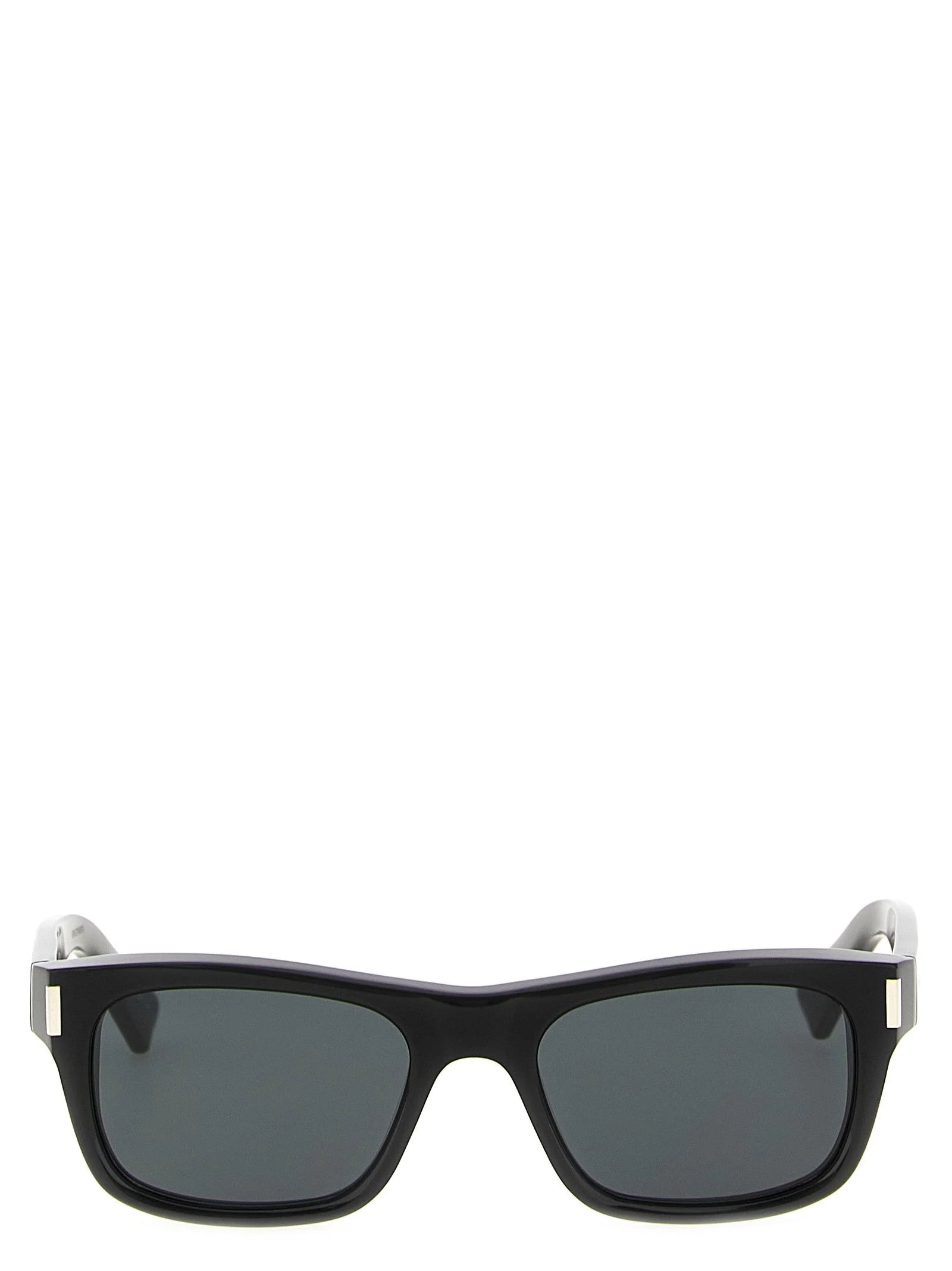 Front view of Saint Laurent black acetate sunglasses featuring a classic rectangular frame and dark tinted lenses.
