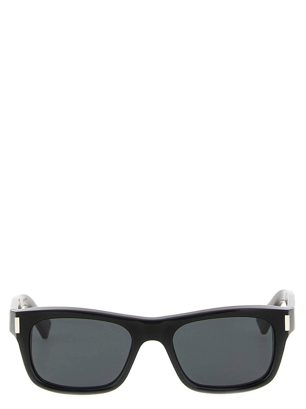 Front view of Saint Laurent black acetate sunglasses featuring a classic rectangular frame and dark tinted lenses.