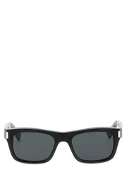 Front view of Saint Laurent black acetate sunglasses featuring a classic rectangular frame and dark tinted lenses.