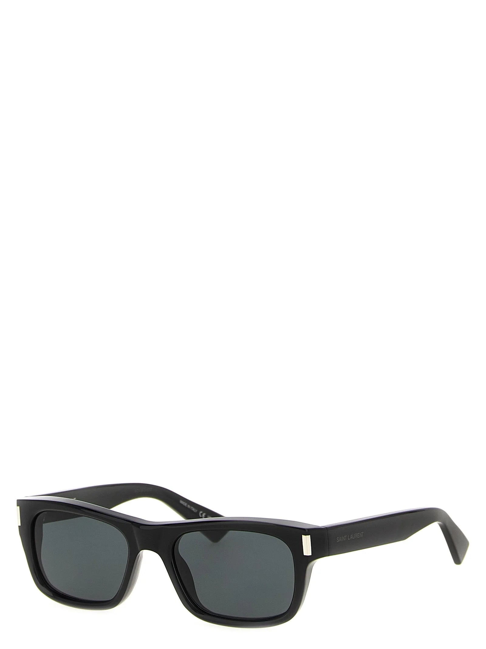 Angled view of Saint Laurent luxury eyewear highlighting the premium acetate finish and refined minimalist silhouette.