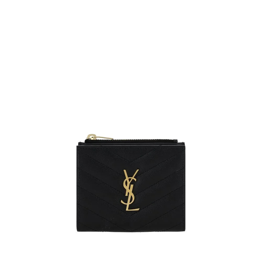 מבט מקדימה על ארנק Saint Laurent שחור מעור פרה Bos Taurus הכולל צורה מלבנית מינימליסטית.