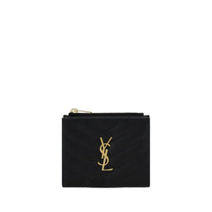 מבט מקדימה על ארנק Saint Laurent שחור מעור פרה Bos Taurus הכולל צורה מלבנית מינימליסטית.