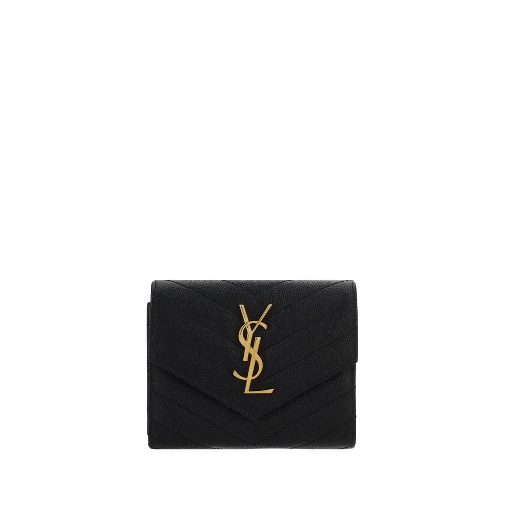 Billetera Saint Laurent negra en piel de becerro Bos Taurus con un perfil frontal minimalista y un sutil branding de lujo.