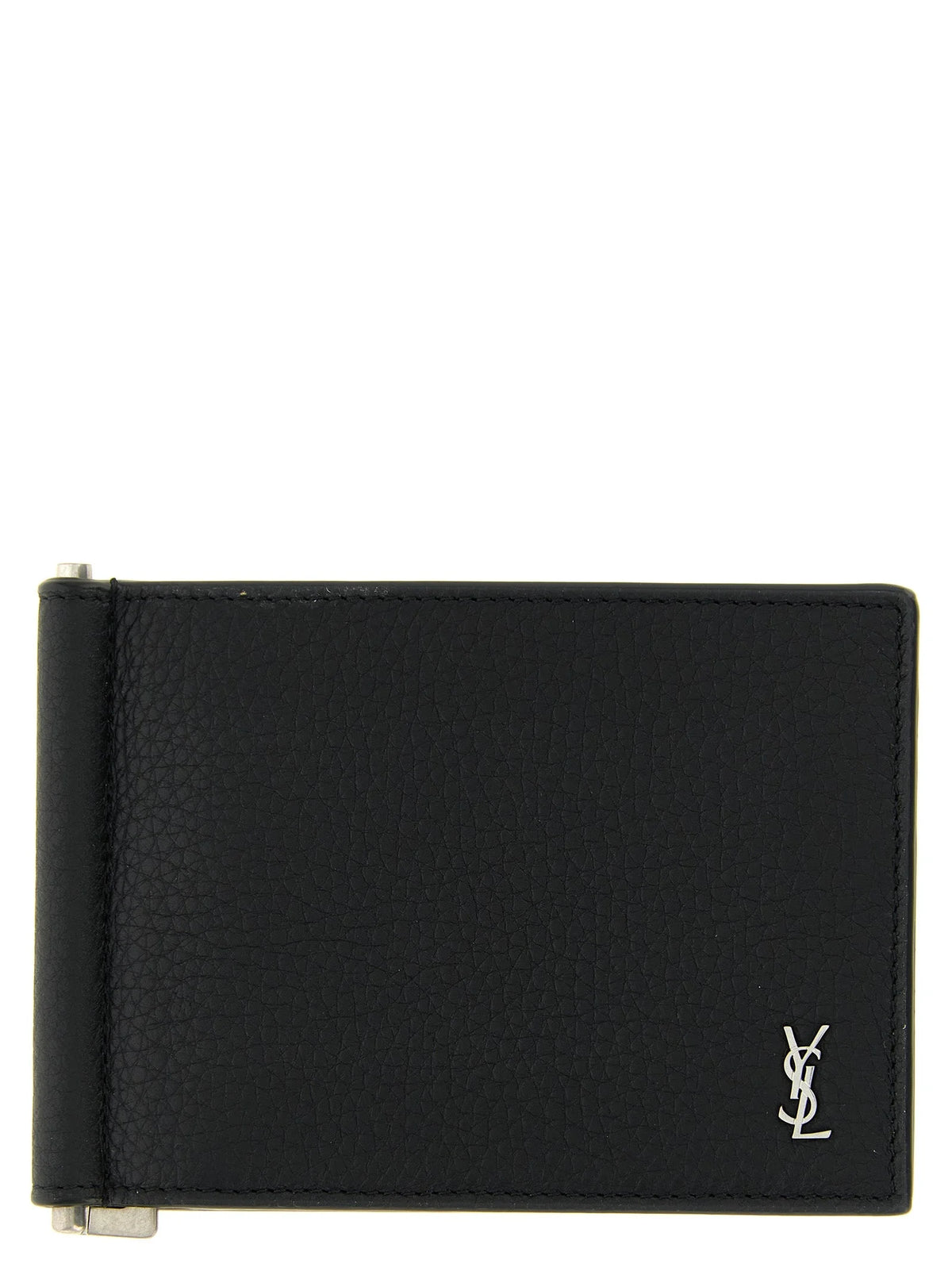 Portamonedas Saint Laurent de cuero en piel de becerro negra con diseño minimalista y herrajes metálicos en tono plateado.
