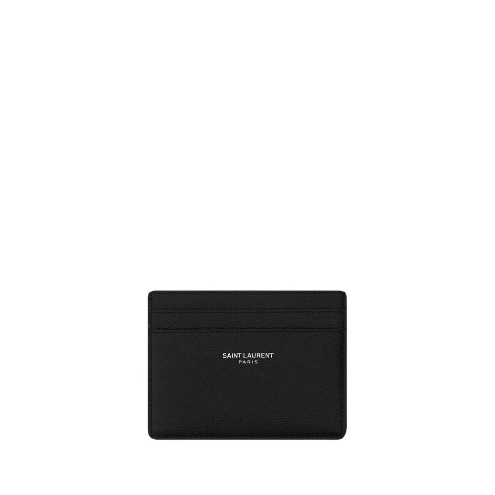Saint Laurent black grained leather credit card holder with silver-tone logo foil stamp, front view.