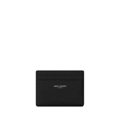 Saint Laurent black grained leather credit card holder with silver-tone logo foil stamp, front view.