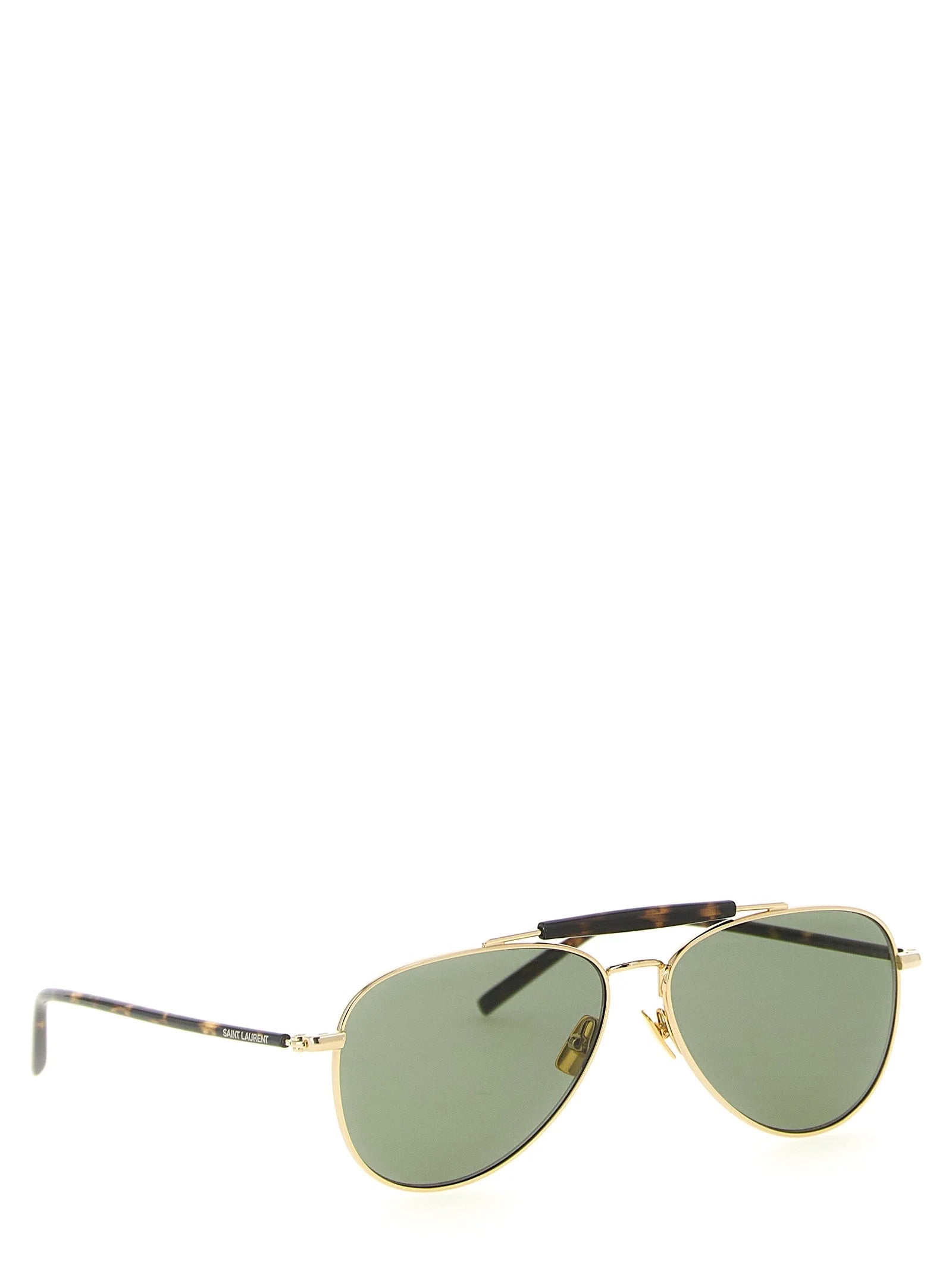Vue latérale des lunettes de soleil en acétate multicolore Saint Laurent, montrant le design élégant des branches et le motif écaille raffiné.