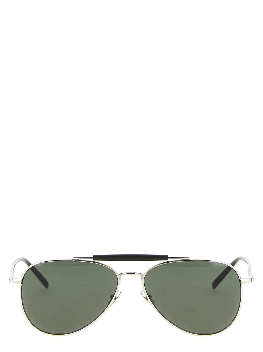 Pohľad spredu na slnečné okuliare Saint Laurent zo strieborného acetátu s elegantným obdĺžnikovým rámom a tmavými tónovanými sklami.