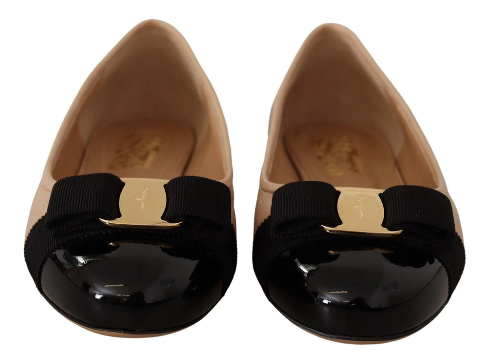 Salvatore Ferragamo Beige and Black Nappa Leather Ballet Flat Shoes - EU35/US4.5