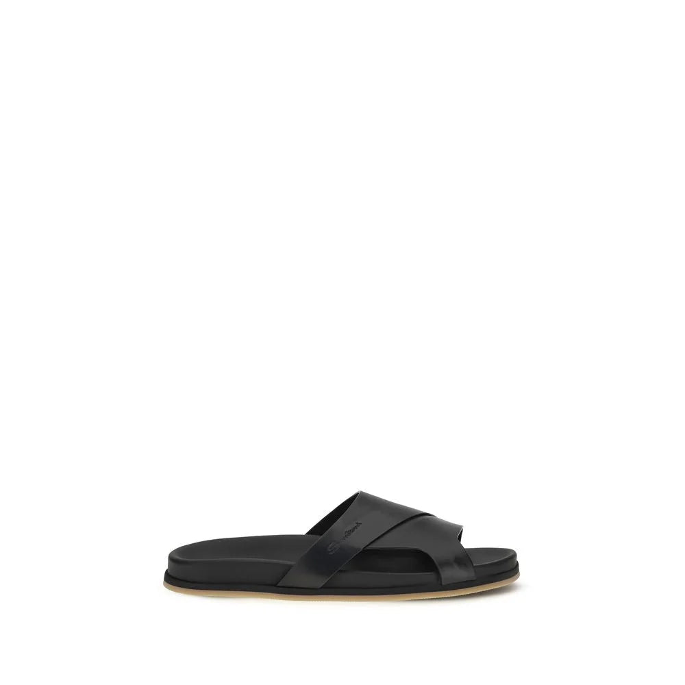 Santoni Black Calf Leather Bos Taurus Flat Sandals - EU43/US10