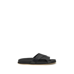 Santoni Black Calf Leather Bos Taurus Flat Sandals - EU43/US10