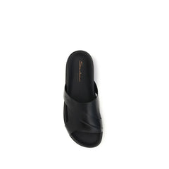 Santoni Black Calf Leather Bos Taurus Flat Sandals - EU43/US10