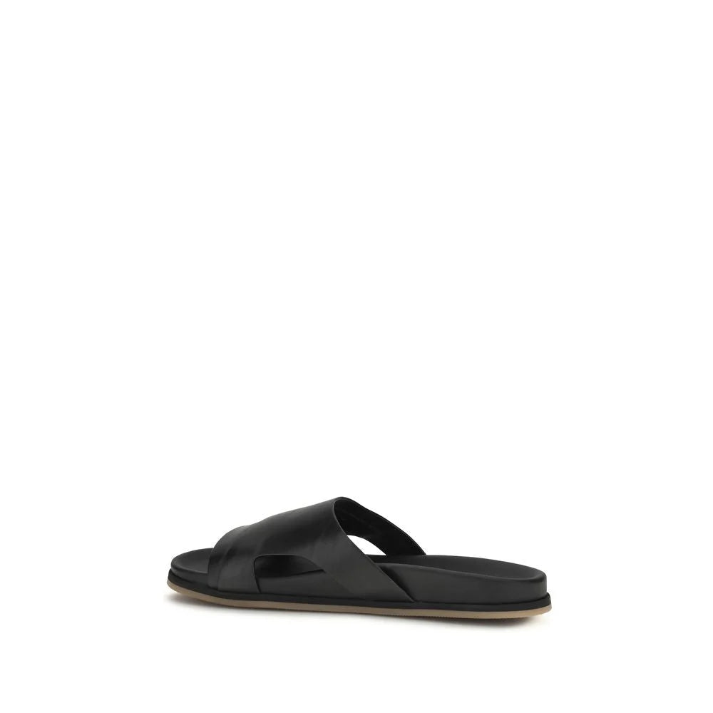 Santoni Black Calf Leather Bos Taurus Flat Sandals - EU43/US10