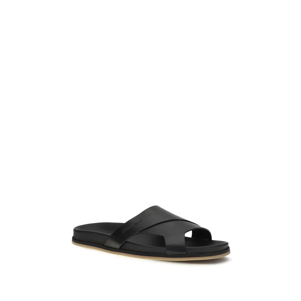 Santoni Black Calf Leather Bos Taurus Flat Sandals - EU43/US10
