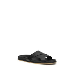 Santoni Black Calf Leather Bos Taurus Flat Sandals - EU43/US10